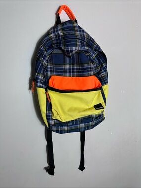 Y2K Yak Pack Navy Plaid Backpack with Neon Orange & Yellow Front Pouch
